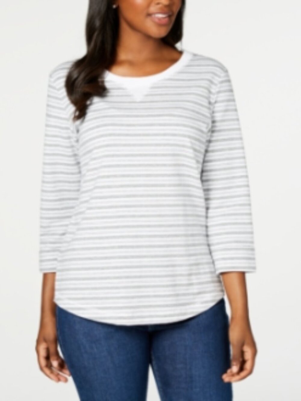 Karen Scott Women's Grey White Striped 3/4-Sleeve Sweatshirt PP